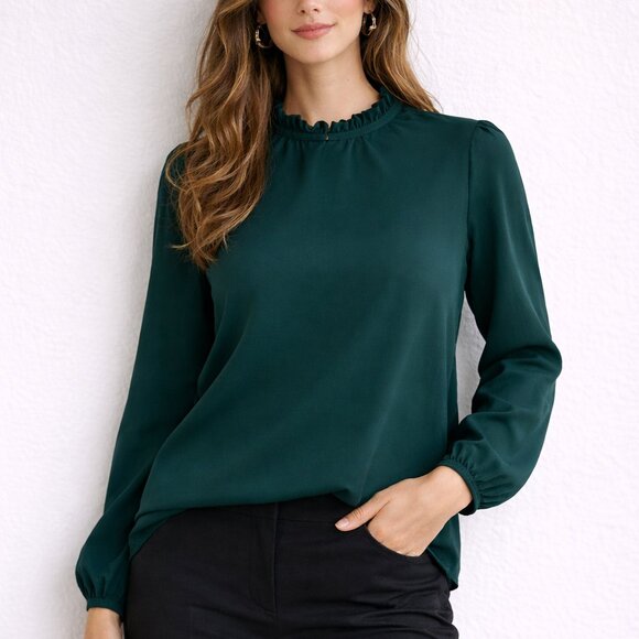J. Crew Tops - J.Crew Ruffle Neck Blouse Forest Green M Work Top Keyhole Elegant